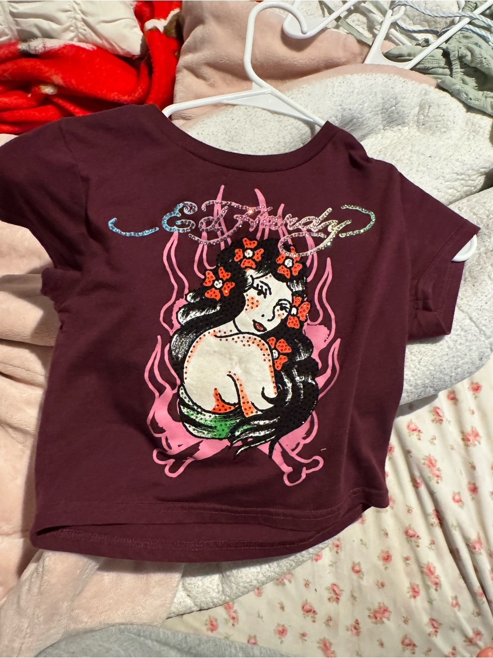 Ed Hardy Girls' Burgundy Tee with Multicolor Mermaid Graphic